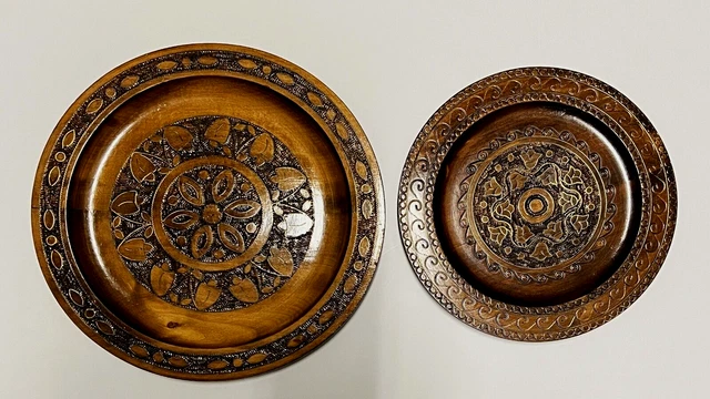 Pair Vintage Hand Carved Wood Plates Brass Inlay Polish 12” & 9.5" Floral Design