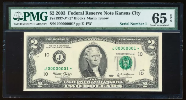 2003 $2 Fed Reserve Note Kansas City Pmg65 Epq Serial Number 1 Star!