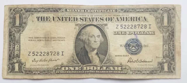 1935 F Blue Seal $1 One Dollar Silver Certificate Bill - Old Paper Money