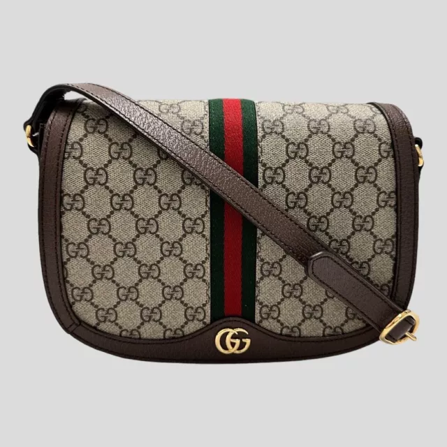 Gucci GG Supreme Monogram Web Small Ophidia Flap Messenger Brown Crossbody Bag