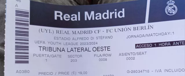 Sammlertickt Real Madrid U19 - 1.FC Union Berlin  U19  Uefa Youth League