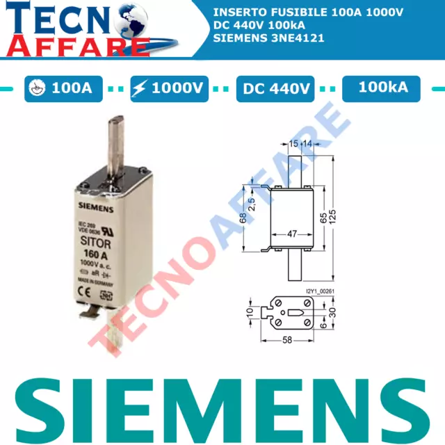 Insert Fusible 100A 1000V Dc 440V Dispositif Protection siemens 3NE4121