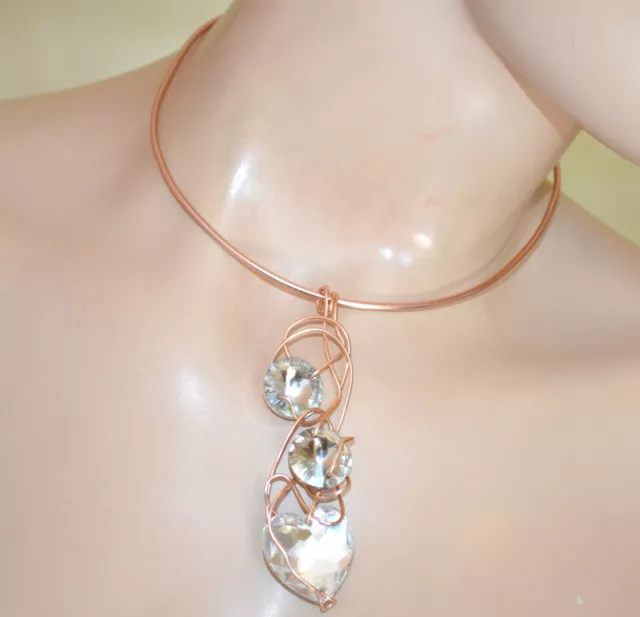 Collana donna cuore cristalli trasparenti girocollo ciondolo oro rosa fili C15