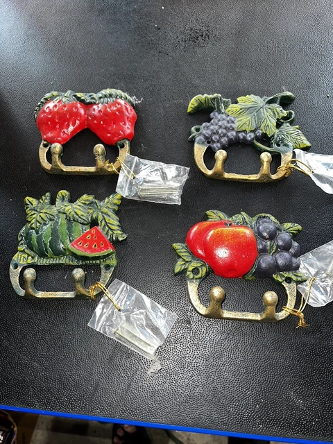 Set If 4 FRUIT 2 HOOK   KITCHEN TOWEL HANDER CAST IRON Grape Strawberry Melon