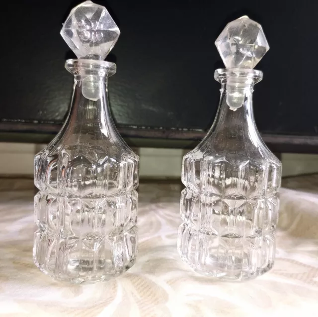 Set Of 2 Clear EAPG Block Pattern Perfume Cologne Bottle Decanter 4-1/2" Tall