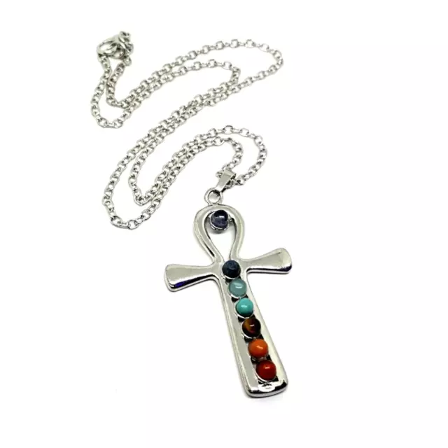 Ankh Pendant Necklace Osiris 7 Seven Chakra Egypt Silver Reiki 18" Chain Boxed