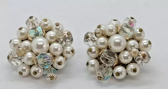 EARRINGS clip-on vintage 1950s 1960s Faux Pearl AB Glass Beads JAPAN
