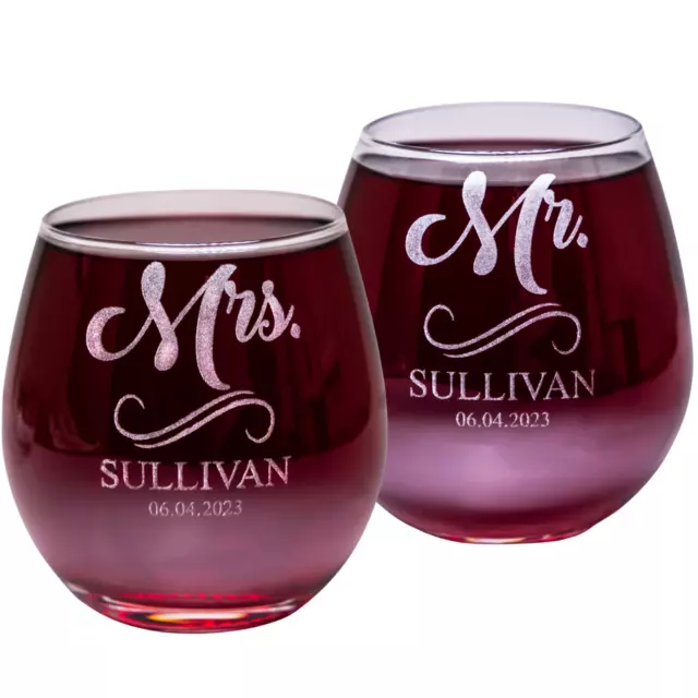 Custom Stemless Wine Glasses Set of 2 – 6.4 oz Engraved Wedding Glasses Set