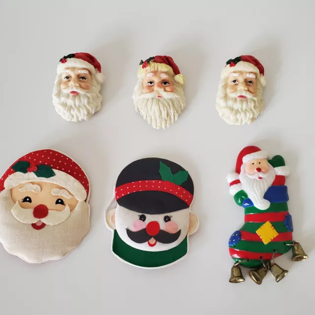 Santa Claus Head Refrigerator Magnets Felt Plastic Lot of 6 Vintage Christmas