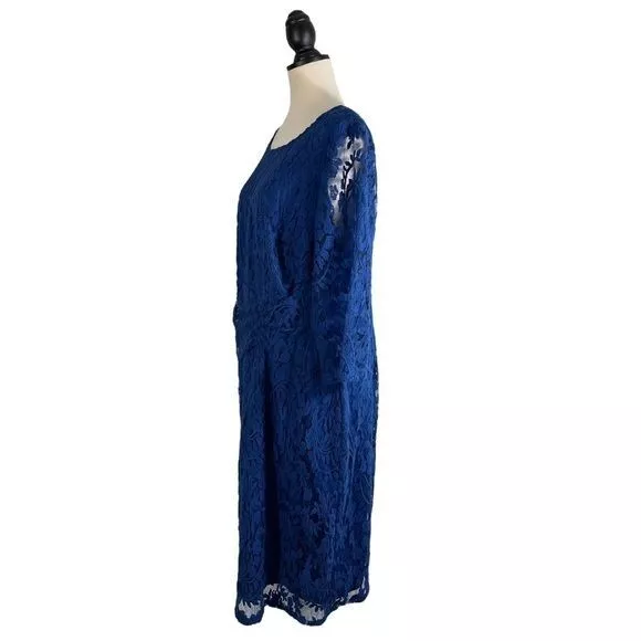 Adrianna Papell Blue Lace Dress Side Draped Ruched Sheer 3/4 Sleeve, Size 18W 3