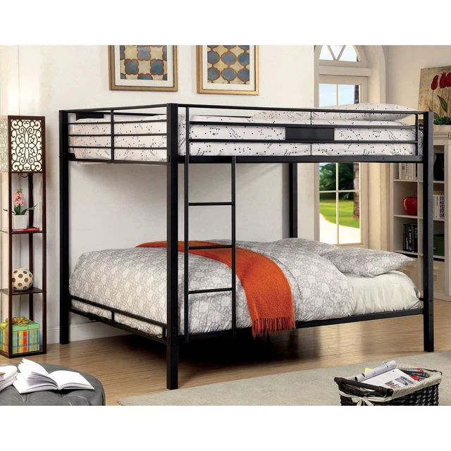Tic Contemporary Black Metal Bunk Bed with Ladder by Black Queen over Queen