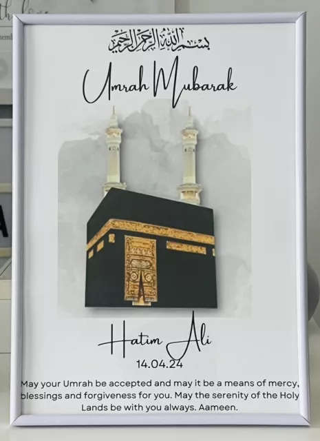 Umrah Mubarak, Hajj/Ramadan/Eid Mubarak, Personalised gift, Comes In A4 Frame.
