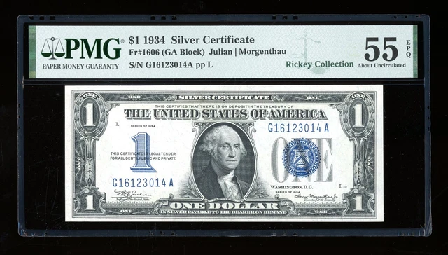 DBR 1934 $1 Silver Funnyback Fr. 1606 GA Block PMG 55 EPQ Serial G16123014A