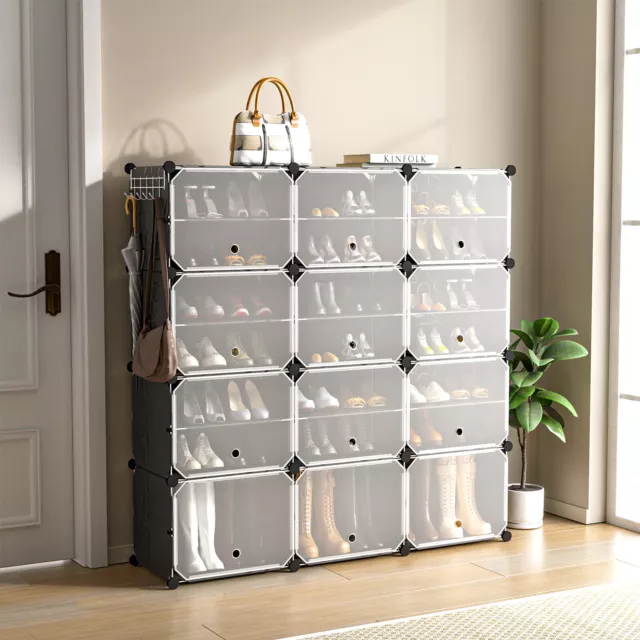 Portable Shoe Rack Organizer 12-Cube 48 Pair Shoe Shelf Storage Cabinet w/Hook