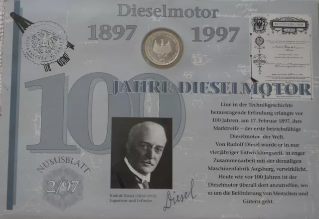 Numisblatt - 100 Jahre Dieselmotor: 10 DM-Gedenkmünze 1997 & 30 DM-Gedenkmarken