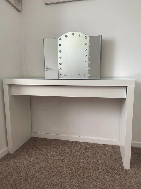 MALM White Dressing Table With Glass Top - 120x41cm Vanity Desk With 1 Drawer, Bedroom Makeup Desk-757237