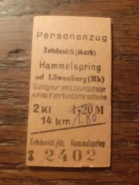 Edmondsonsche Fahrkarte Zehdenick - Hammelspring oder Löwenberg 2402