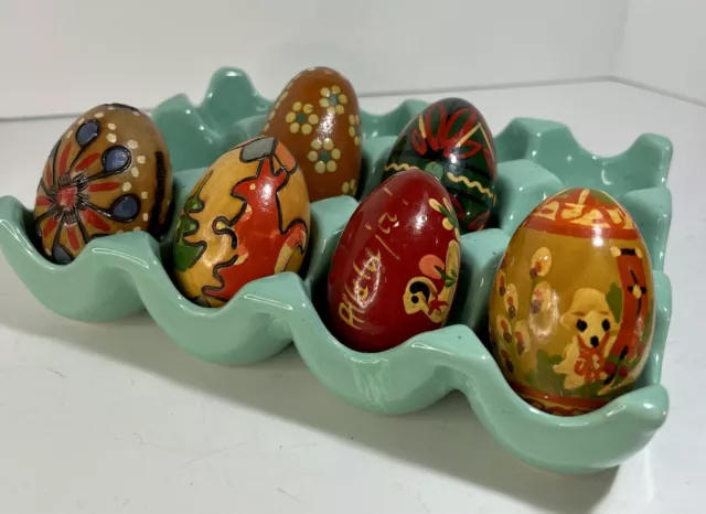 Vintage Lot Of Six (6) Carved Hand Painted Wooden Eggs Easter Alleluia!
