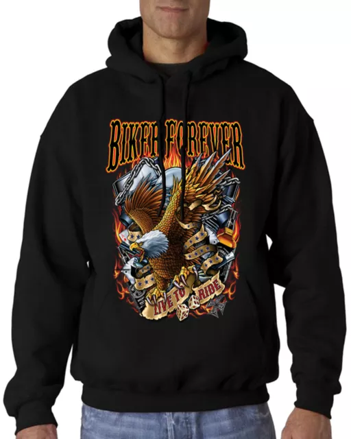 Velocitee Mens Hoodie Biker Forever Live To Ride Eagle USA Motorcycle A23599