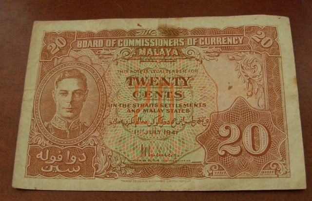 Malaya Malaysia 1941 20 Cents Circulated Note