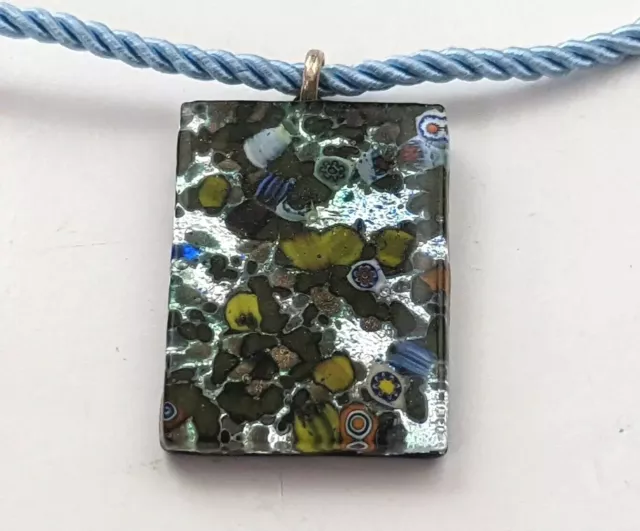 Murano Glass Silver Blue Rectangle Pendant on Blue Cord Necklace 18 inch