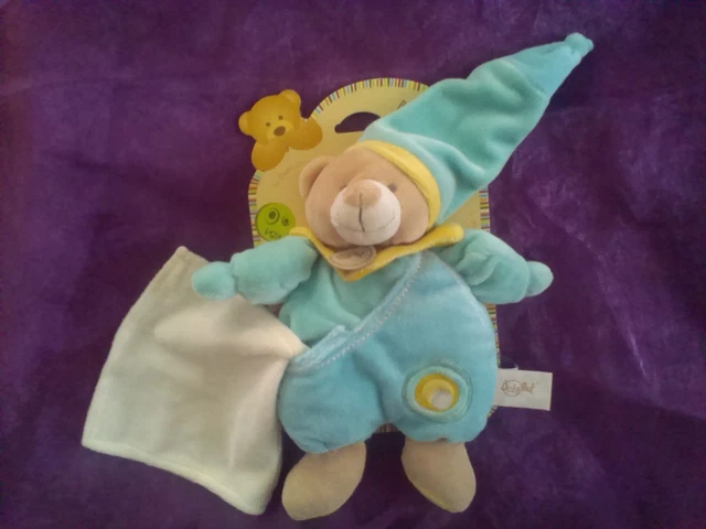 DOUDOU ours mouchoir bleu jaune rond  BABY NAT' babynat' bn503