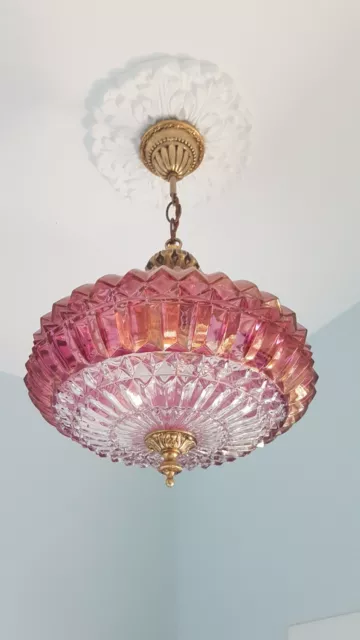 Beautiful pair of vintage/antique? pink glass & brass chandelier pendant lights