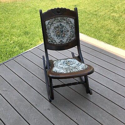 Antique Vintage Foldable Wood Rocking Chair Rocker Victorian Tapestry Wooden VTG