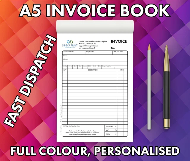 Personalised Duplicate A5 Invoice Book - 50 Sets, NCR Carbonless Paper, Your Logo & Details Printed