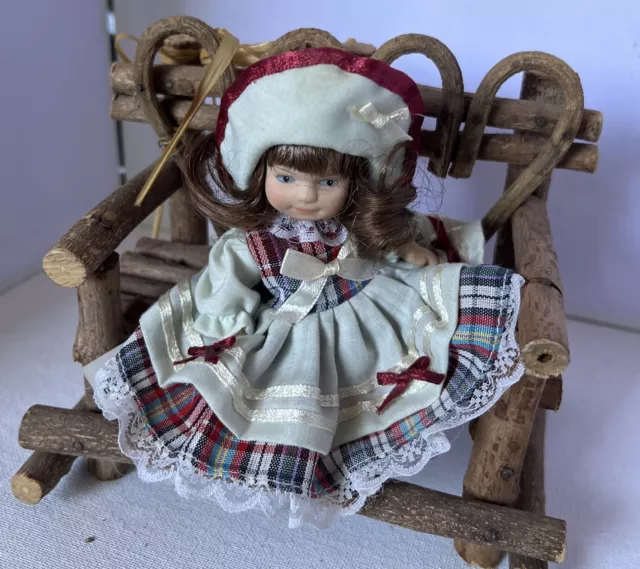 Small Mini Porcelain Bisque Doll With Movable Arms And Legs It Comes With Bench