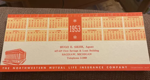 1953 Desk Ink Blotter Calendar Saginaw MI Northwestern Mutual Life Birthday Gift