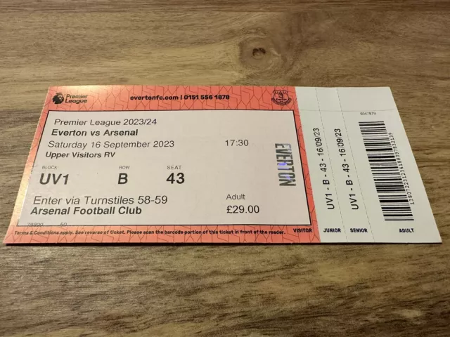 Everton v Arsenal Mint Unused Ticket Premier League 16/9/23