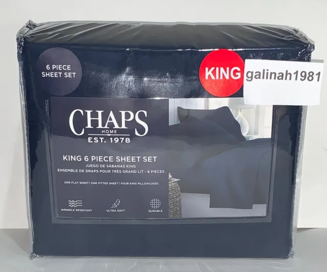 Juego de 6 sábanas King CHAPS by Ralph Lauren (sábanas y 4 fundas de almohada) azul marino nuevo en paquete