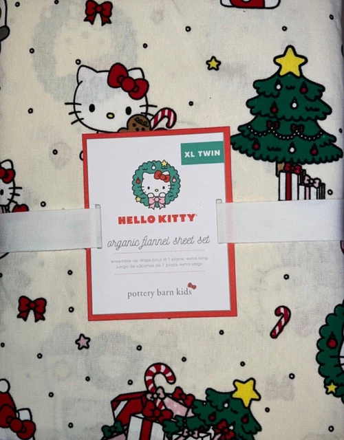 POTTERY BARN KIDS Hello Kitty Holiday Organic Flannel Sheet Set XL Twin