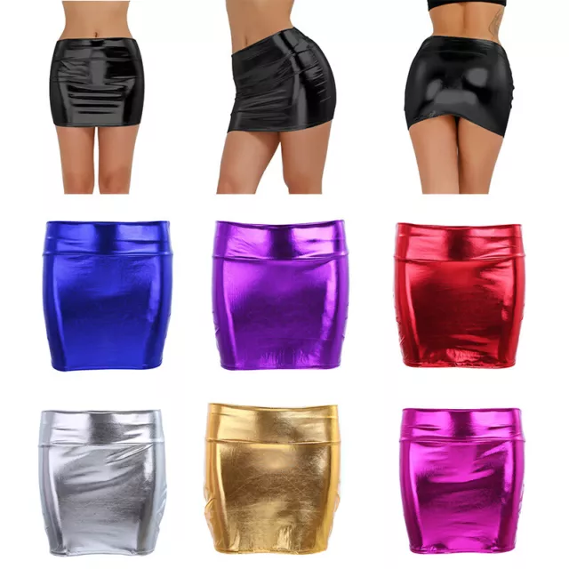 US Womens Stretchy Shiny Metallic Liquid Mini Skirt Wet Look Bodycon Short Dress 2