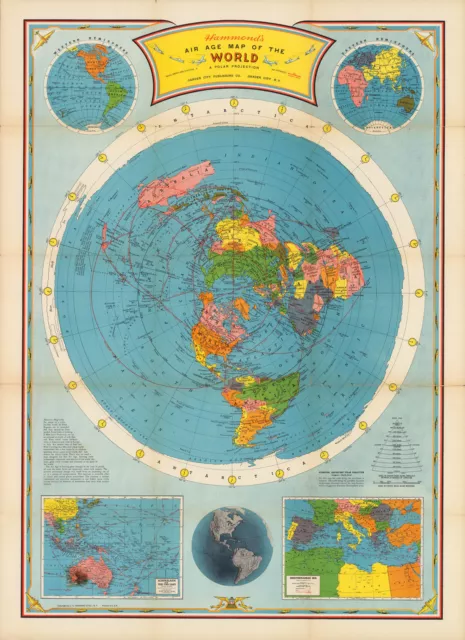 1946 Flat Earth Air Age Map of the World Azimuthal Equidistant Polar Projection
