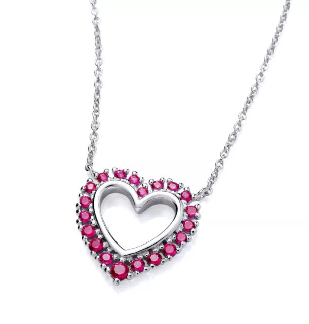 925 Sterling Silver Ruby Cz Heart Pendant Necklace 18 inch Chain RHODIUM FINISH