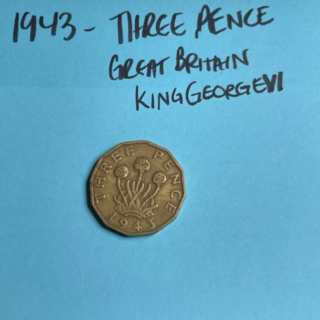 1943 Great Britain 3 Pence Coin King George VI