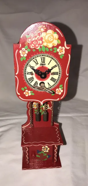 Vintage Red Miniature Grandfather Clock Heco German Hand Painted 8.5" tall W/Key