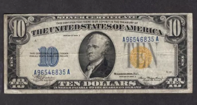1934 $10 Ten Dollar Bill Silver Certificate Gold Seal S449