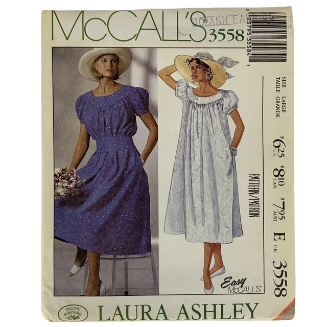 MCCALLS 3558 LAURA Ashley Dress Scoop Neck Size Large Sewing Pattern
