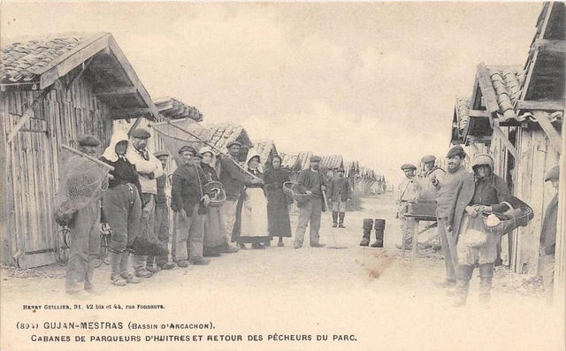 Cpa 33 Gujan Mestras Cabanes De Parqueurs D'huitres Et Retour Des Pecheurs Du Pa