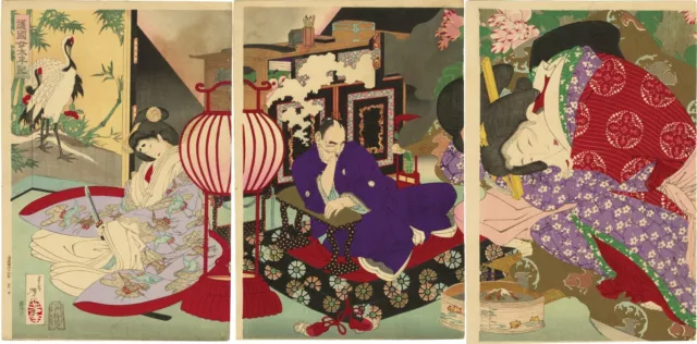 Yoshitoshi Japan Woodblock Prints Antique Ukiyo-e Women Beauty Kimono Triptych
