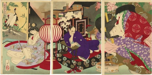 Yoshitoshi Japan Woodblock Prints Antique Ukiyo-e Women Beauty Kimono Triptych