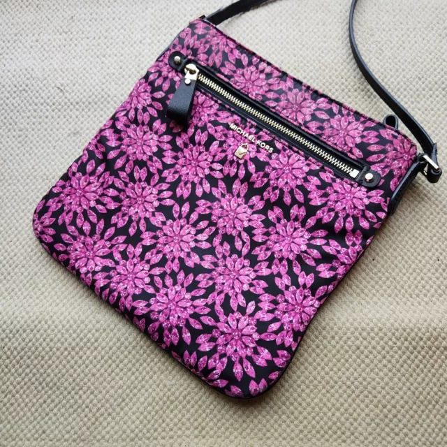 Michael Kors Black Gold Pink Floral Kelsey Crossbody Bag Purse Boho Cottagecore