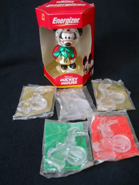 Vintage 2000 Mickey Mouse Energizer Blown Glass Christmas Ornament & 5 Bunny