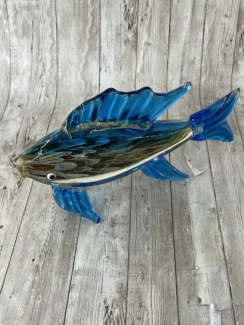 Beautiful GCA Art Glass Fish 9" Blue Gold & White 2 Lbs Tropical Fish Murano