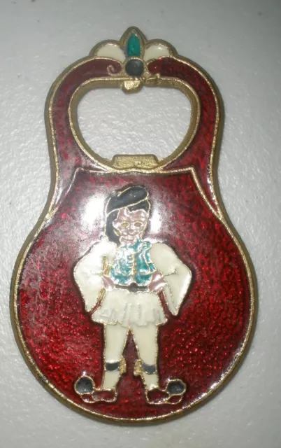 Vintage Greek Brass and Green Enamel Bottle Opener with Little Boy Greece