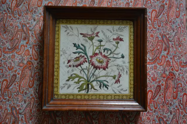 ANTIQUE VICTORIAN mahogany framed Aesthetic Period floral tile
