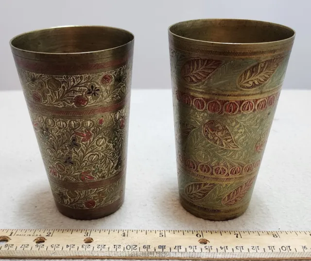 Vintage Solid Brass Lassi Cup Set Heavily Etched Ornate Made In India FREE SHIP